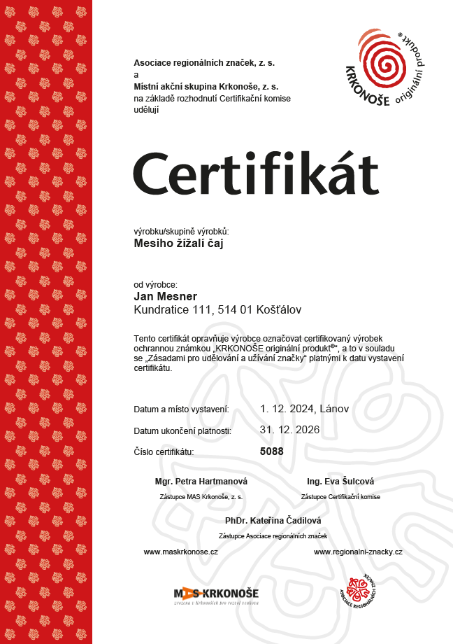certifikát Krkonoše originální produkt